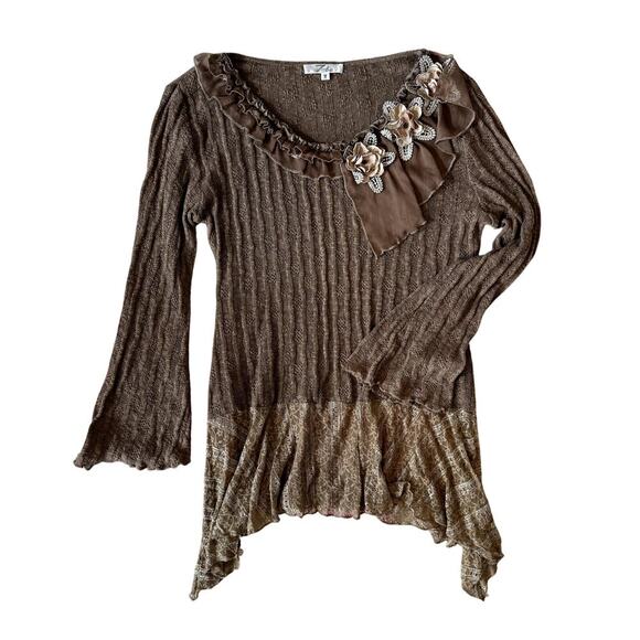 Cottage Core Boho Y2K Zba w/ Floral Appliqué Lace Brown Sweater Size M Women's - Picture 1 of 5